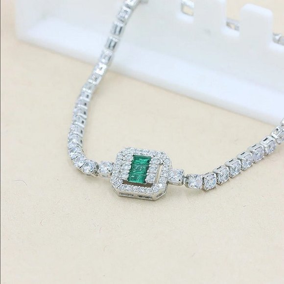 925 Silver 1ct Green Emerald 2ct Diamond Tennis Bracelet Princess Cut Jewelry ct - Picture 10 of 11